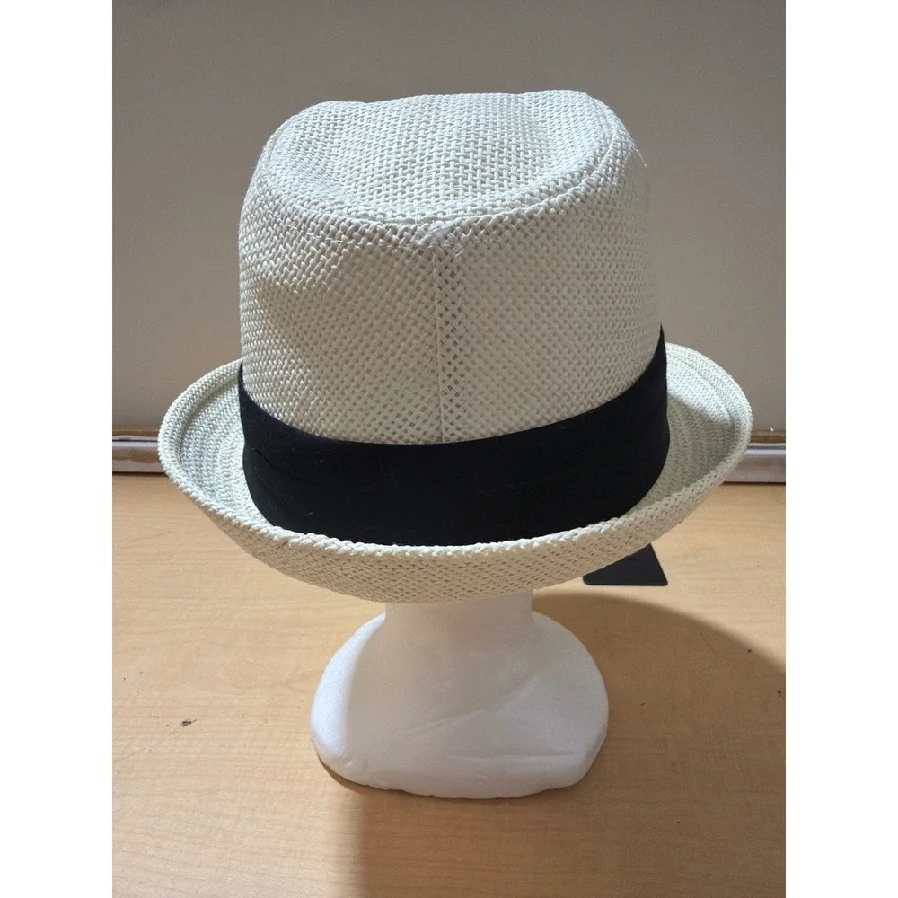 Unbranded Straw Fedora Hat Cream Off-White Black Ribbon Band Size 60-61 Summer